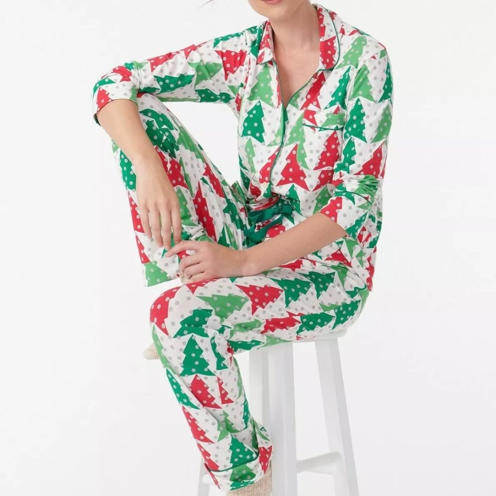 NWT J.Crew Festive Trees Cotton Knit Pajamas Holiday Size M Ivory Green Red $89